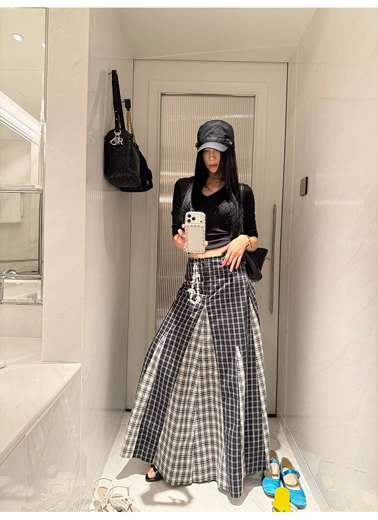 YOUNG KYLIN Retro Plaid Stitching Skirt
