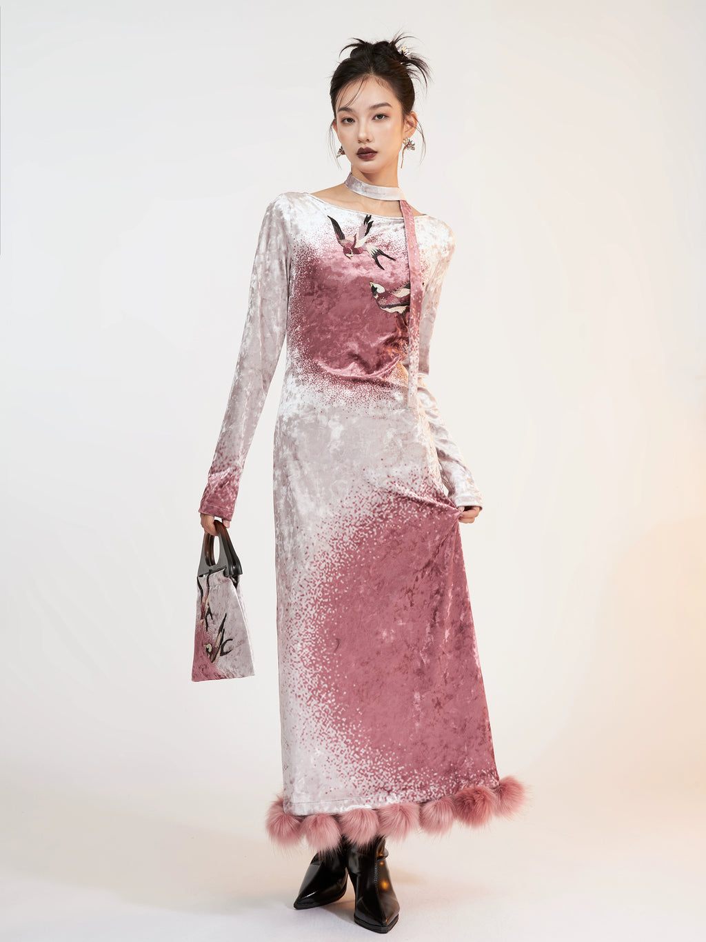 Eidolon Grain Velvet Print Christmas Embroidered Dress