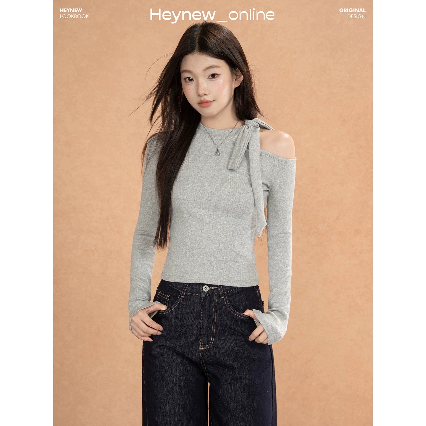 LOVEHEYNEW Strap Hollow Bow Slim Off-Shoulder Long Sleeve