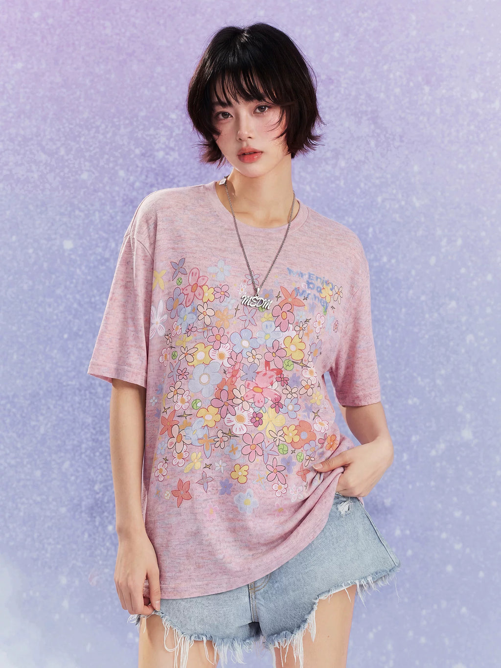 MEDM Flower Print Color Yarn Casual Loose Tee