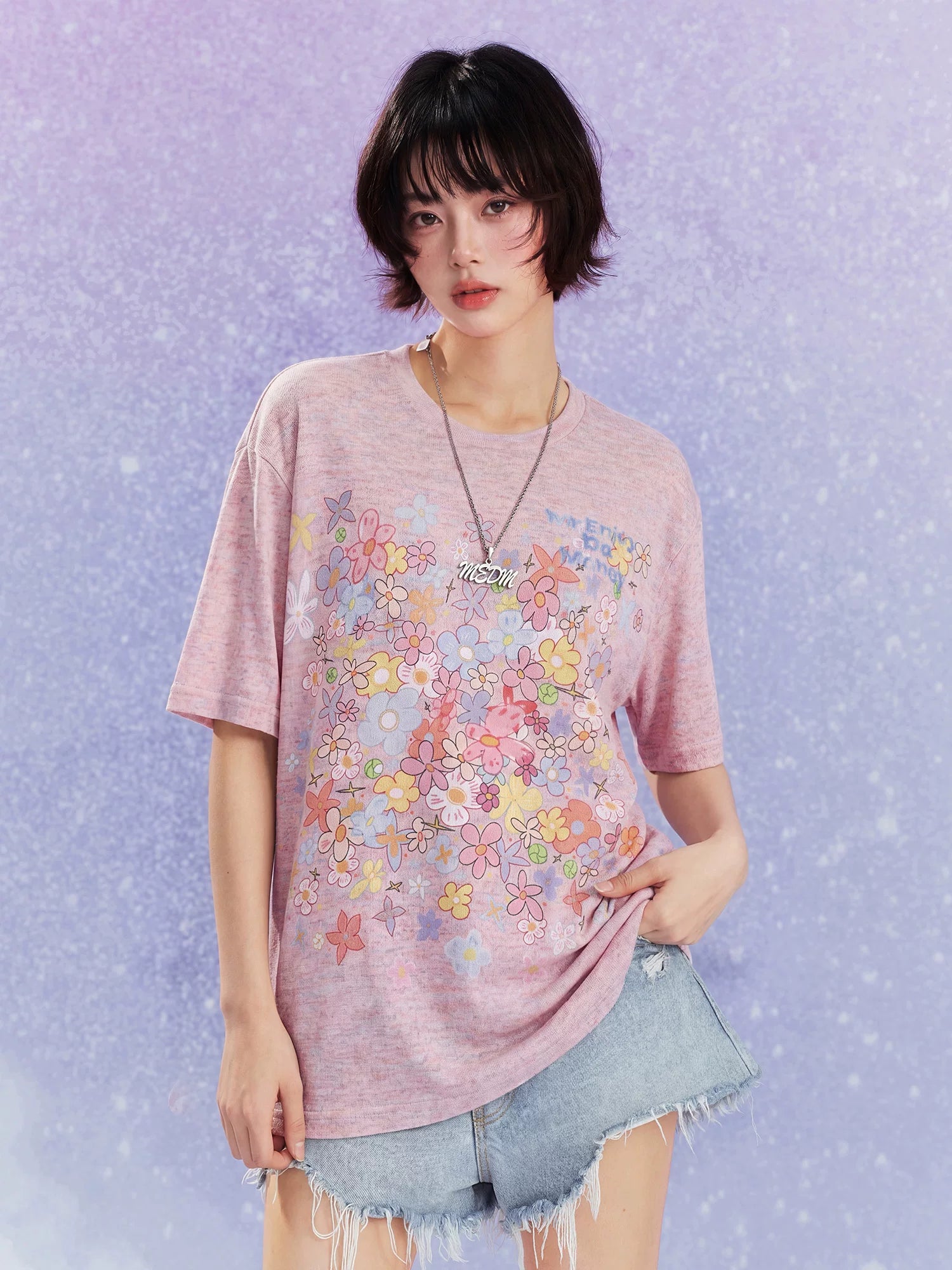 MEDM Flower Print Color Yarn Casual Loose Tee