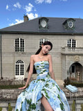 1S Pleated Shoulder Floral Split Tube Top Dress