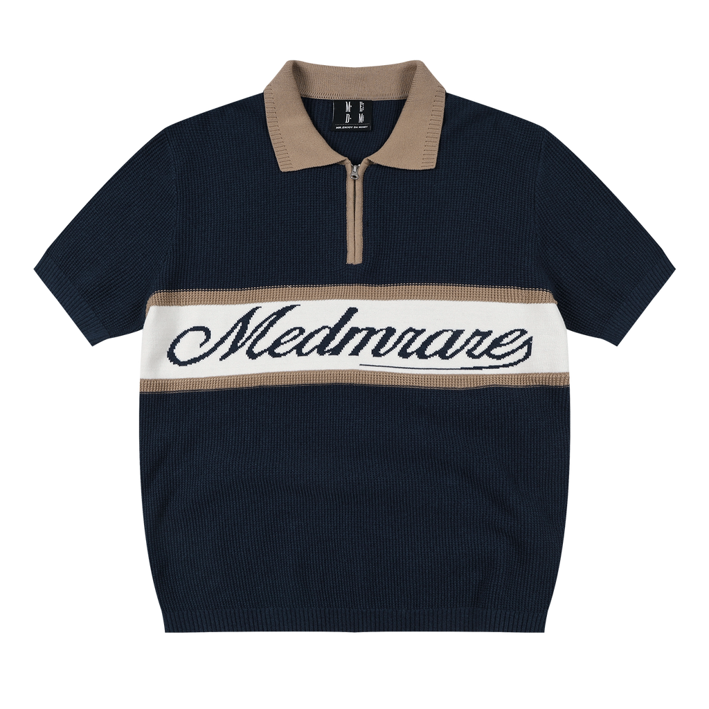 MEDM Contrasting Lapel Neck Zipper Knitted Polo Shirt