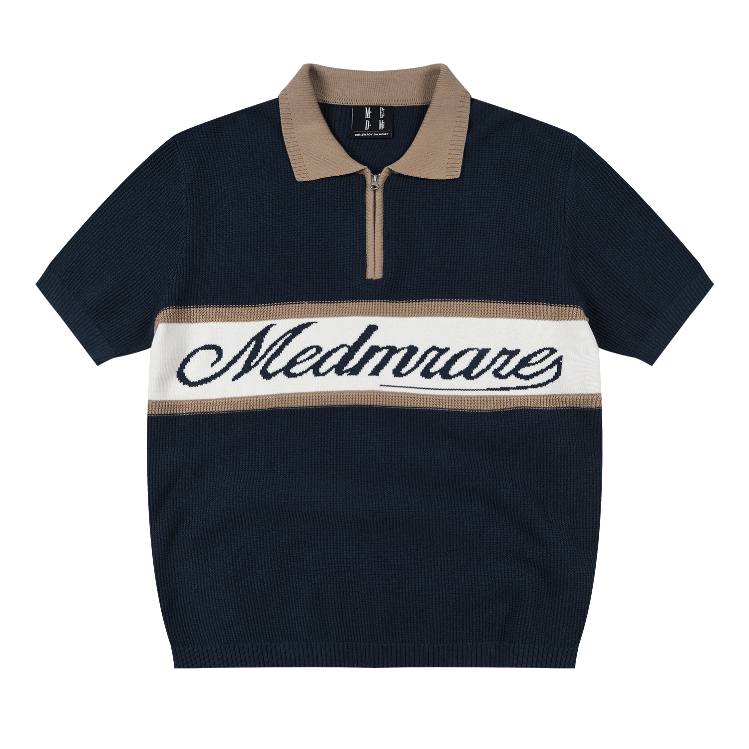 MEDM Contrasting Lapel Neck Zipper Knitted Polo Shirt