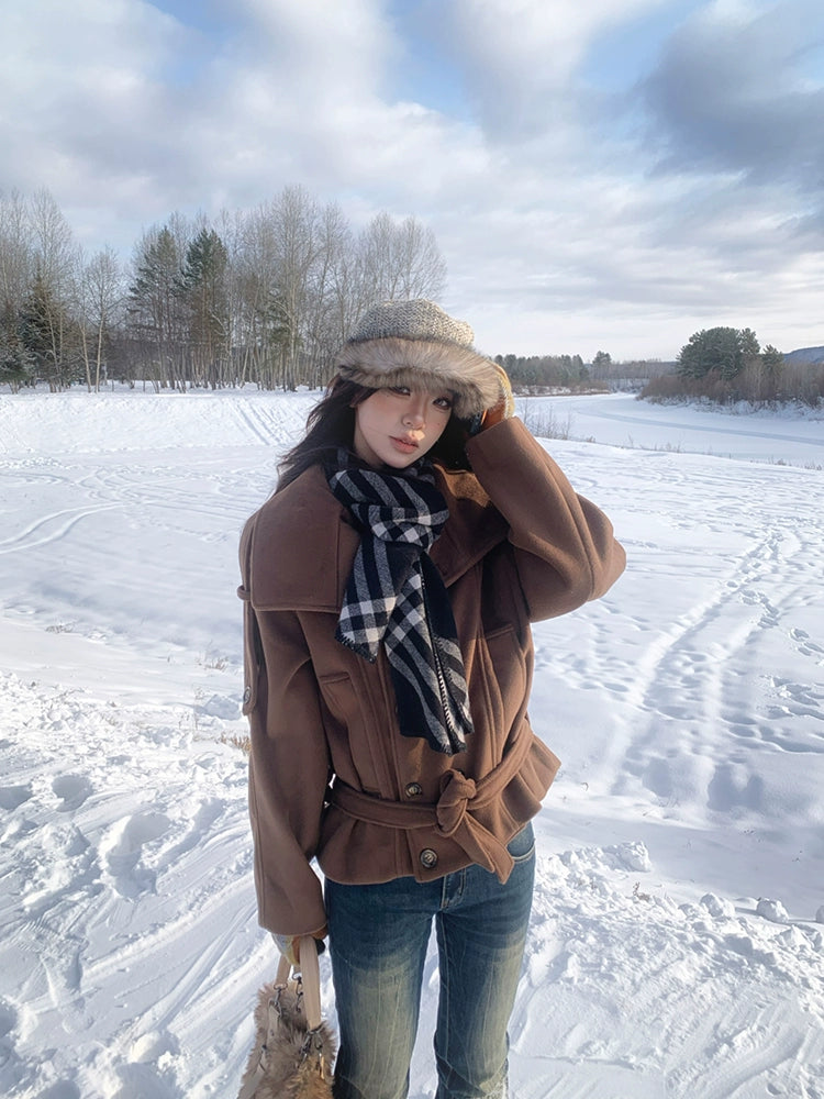 Mershier Korean Double-breasted Lace-Up Woolen Jacket