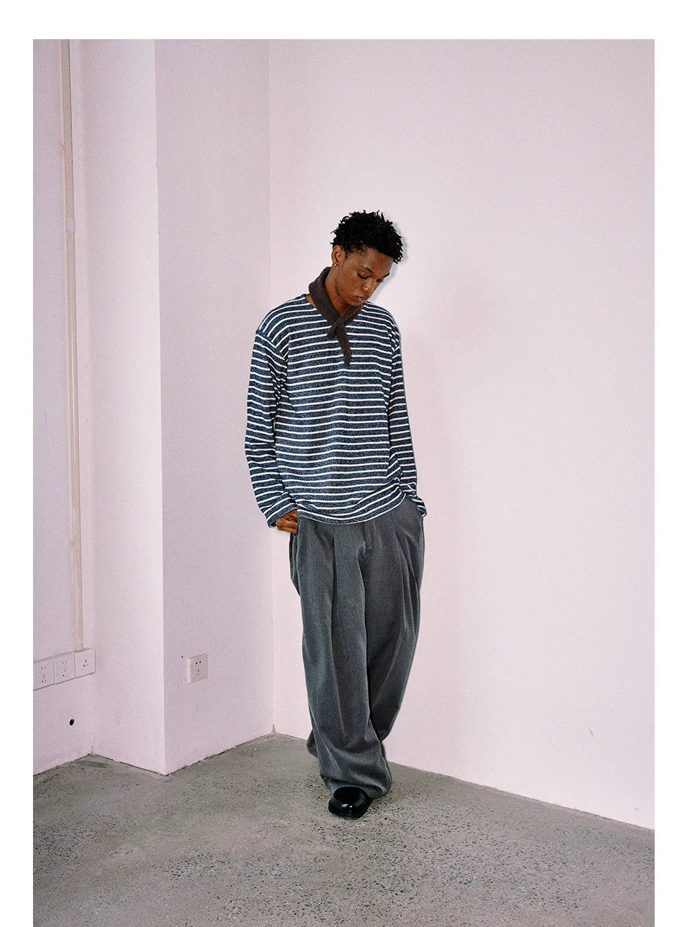 Anniehall Knitted Navy Stripe Thickened Terry Long Sleeve