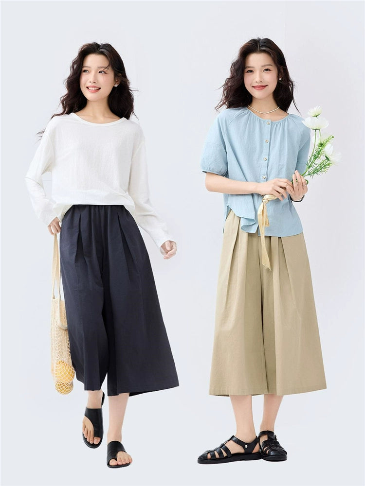 Giordano Pressed Wide-leg Pants with Elastic Waist Cropped Pants