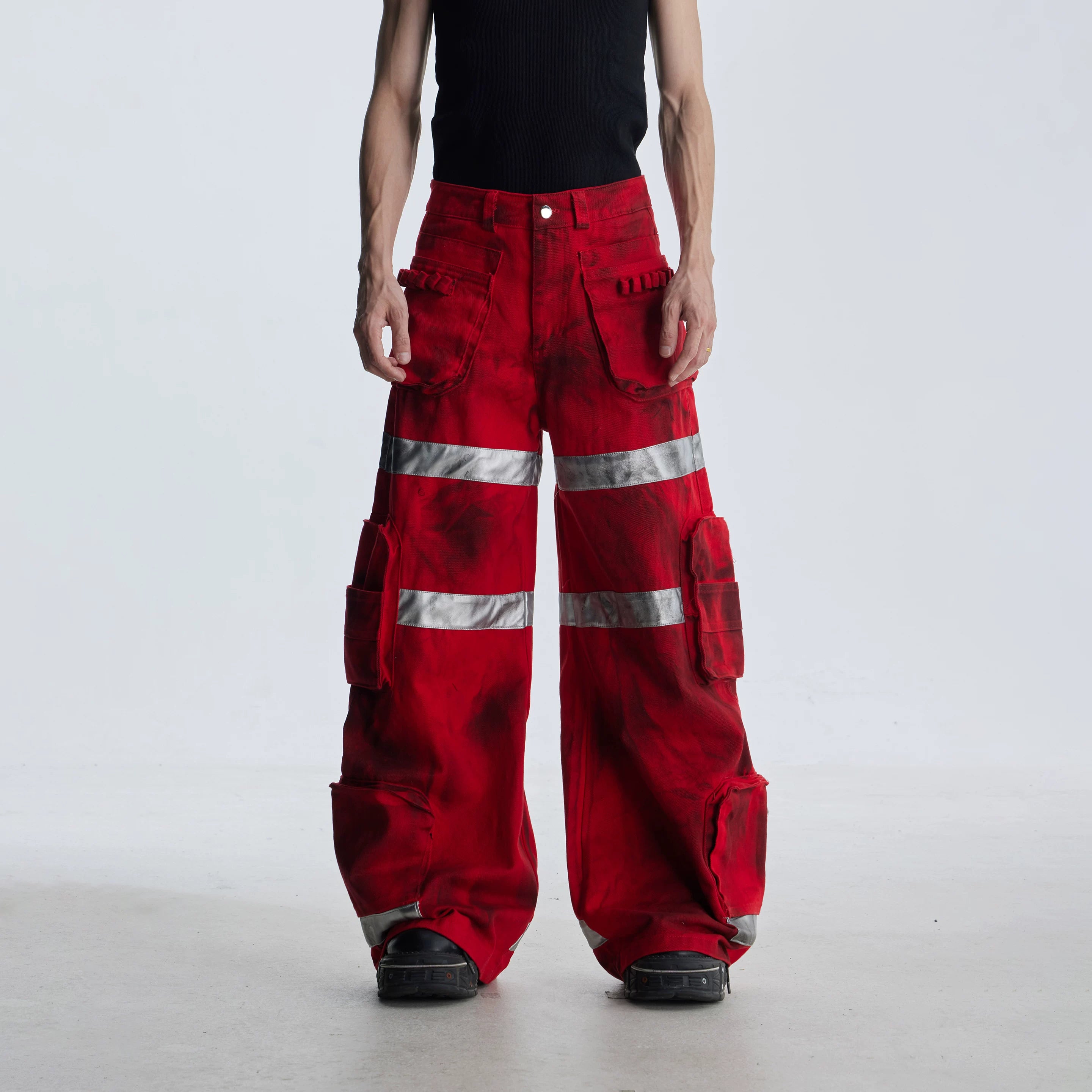 NOMANIAI Dirty-dyed Multi-pocket Workwear Wide-leg Jeans