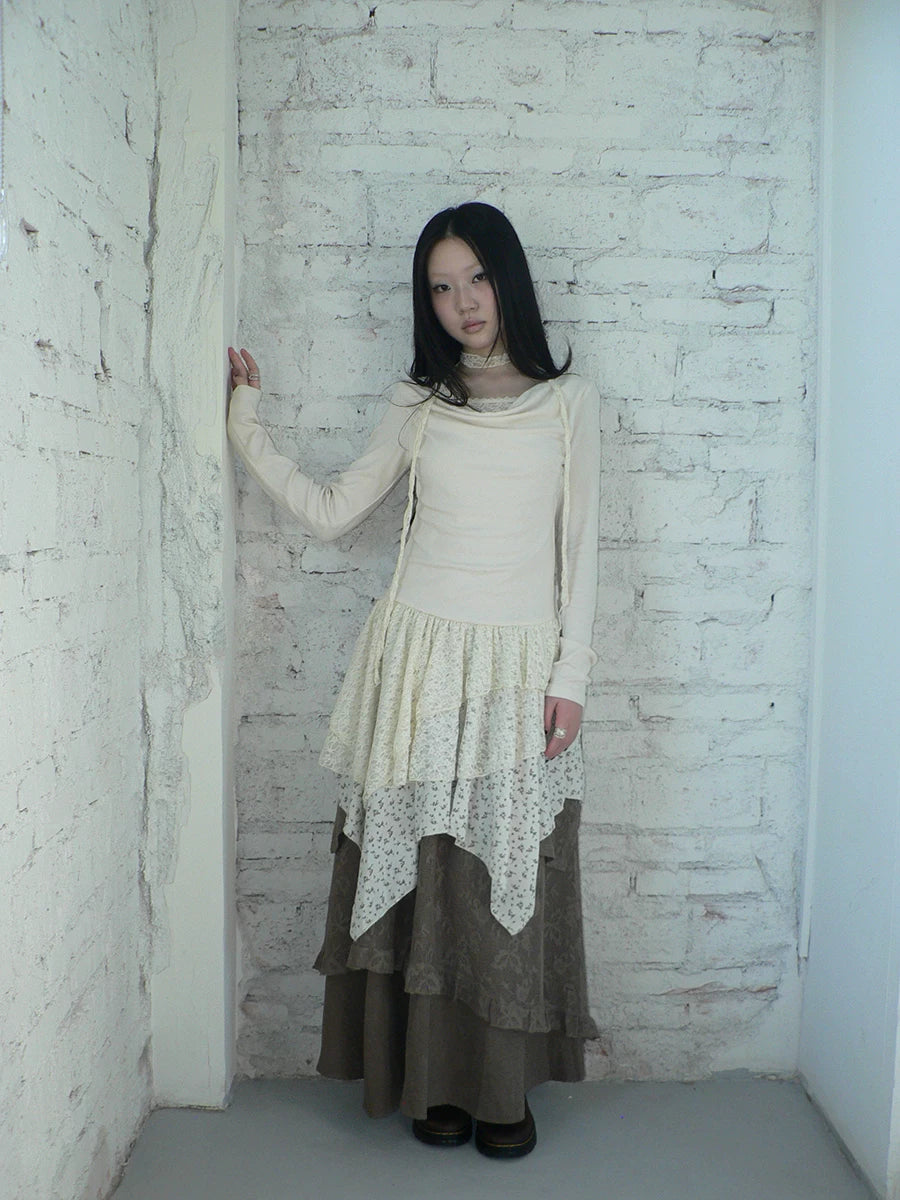 Ang: Project Lace Floral Stitching Irregular Skirt Long Sleeve