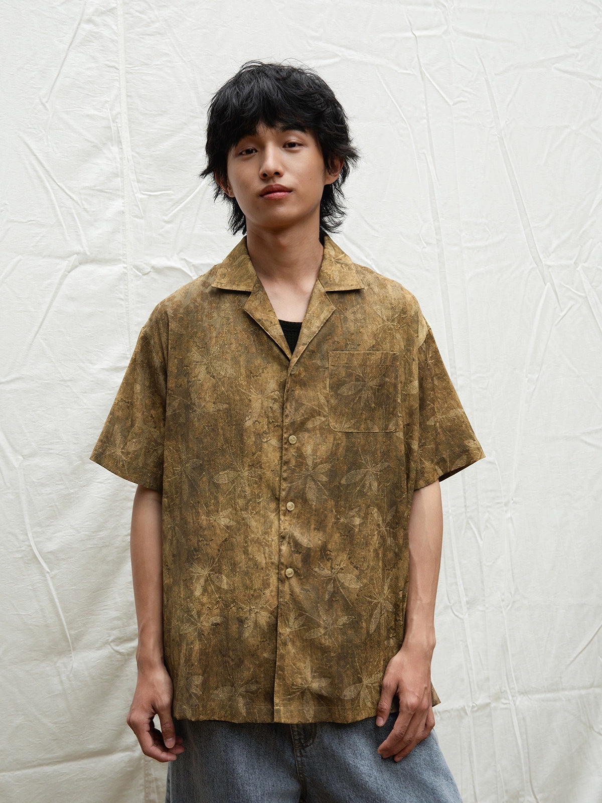 Mentmate Natural Tree Pattern Cuban Neck Short Sleeve Shirt