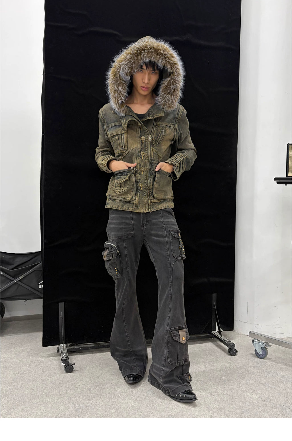 Lightinus Removable Sleeve Fur Collar Two Wear Strap Waist Denim Jacket