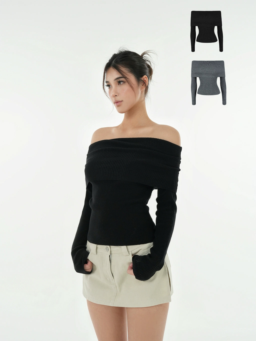 Jim Kennet Shoulder Knit Slim Long Sleeve Bottom Top