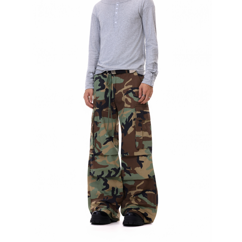 BTSG Wash Camouflage Drawstring Pleated Overalls