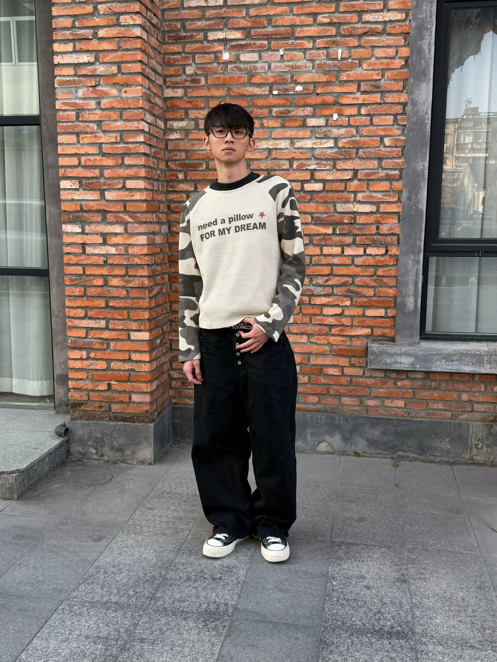 CENSMADE Letter Printed Camouflage Double Sided Piercing Shoulder Sleeve Long Sleeve