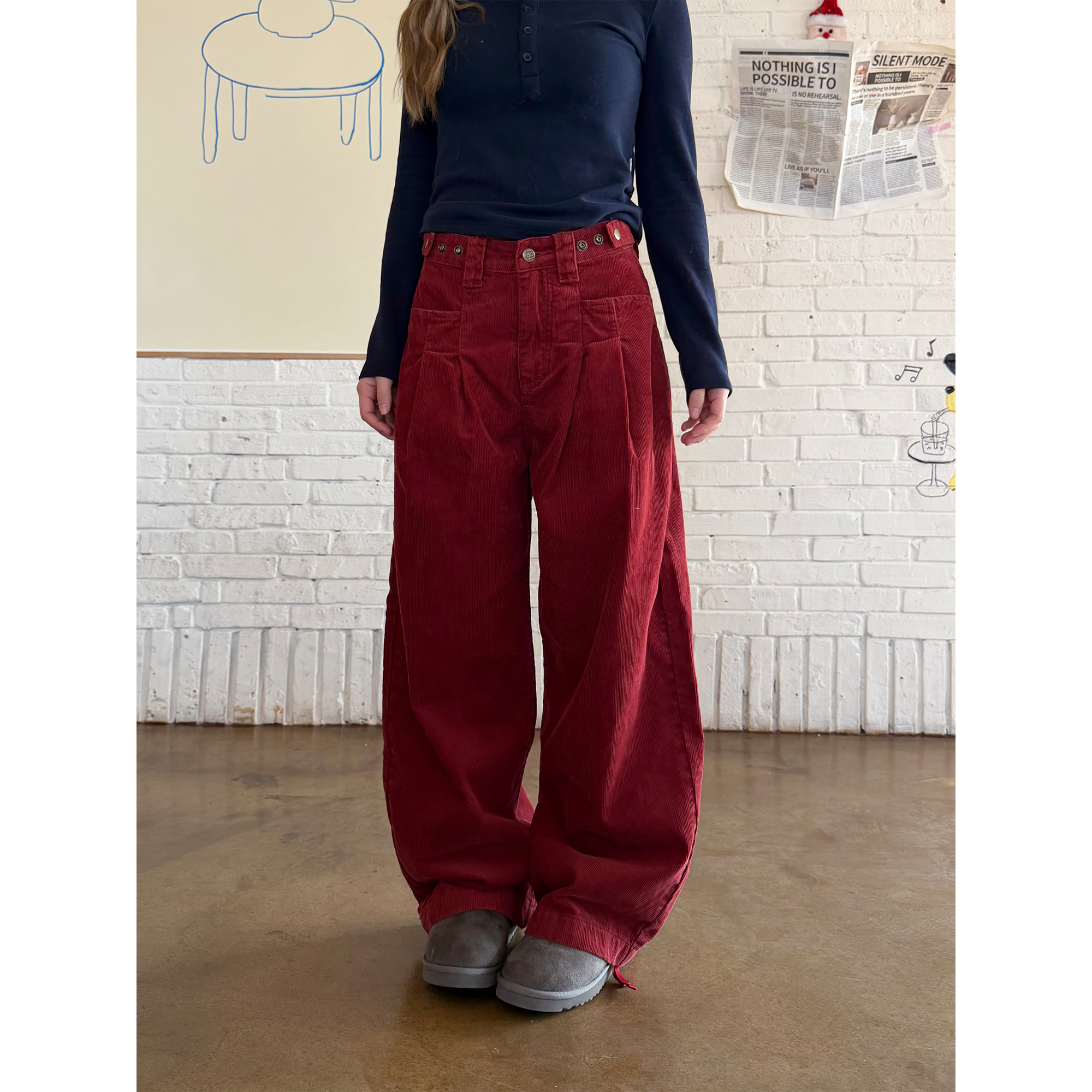 CCYE Corduroy Adjustable Waist Wide Leg Pinch-pleated Casual Pants