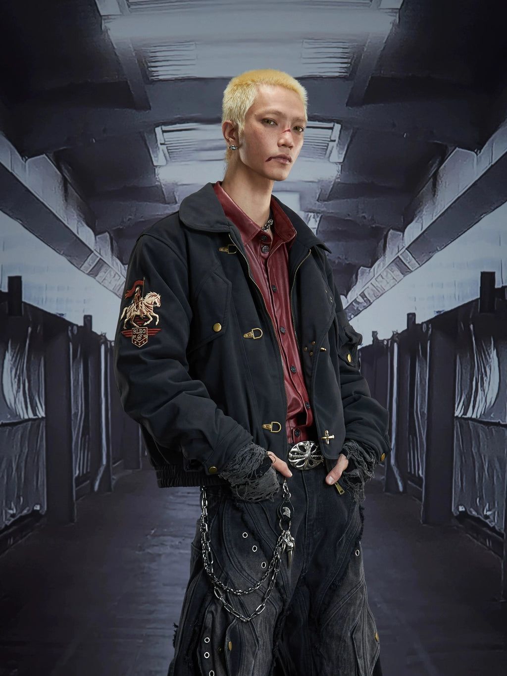 NOMANIAI Matte Textured PU Leather Embroidered Lapel Jacket