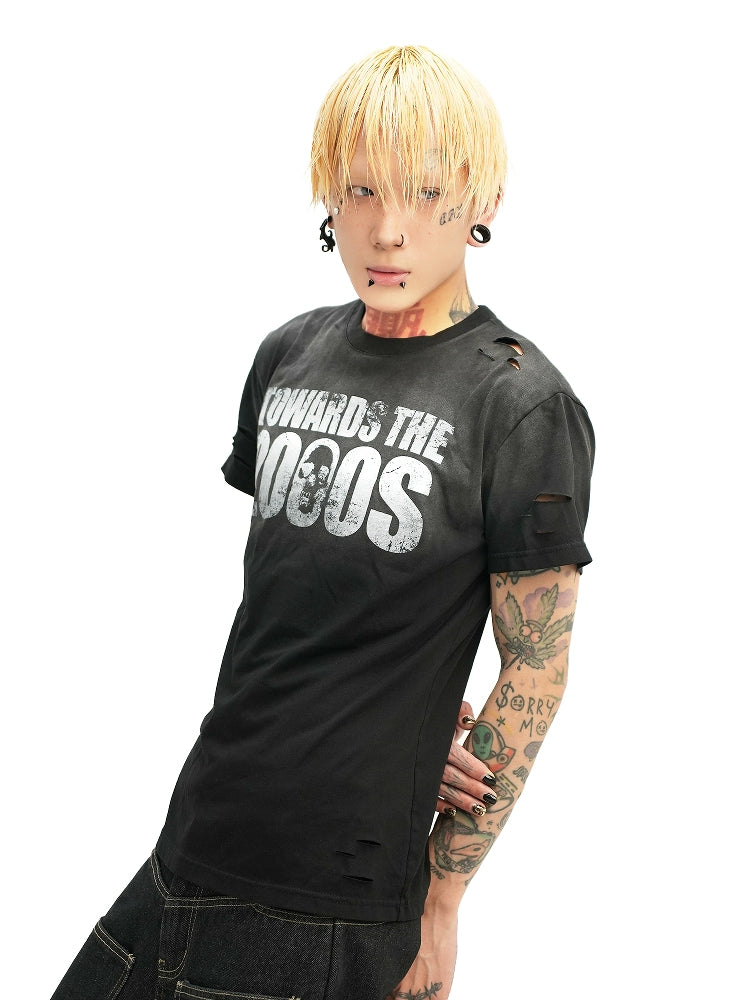 DETW 25ss * "2000S" washing destruction slogan front shoulder slim short sleeve Tee