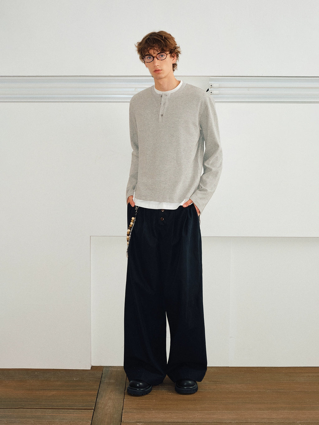 KREATE Waffle Henry Collar Fake Two Long Sleeves