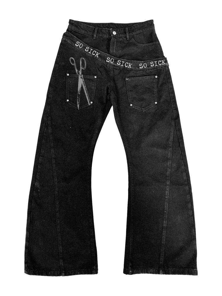SoSick25ss "Cut" original tagline Alphabet profile splicing scimitar Premium black jeans