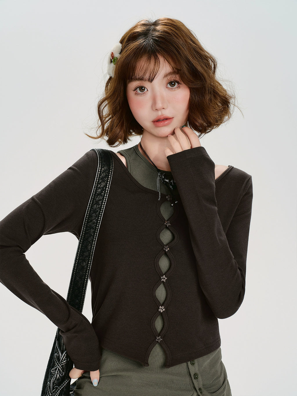 Girlyhalo Vintage Fake Two Piece Slim Skinny Long Sleeve