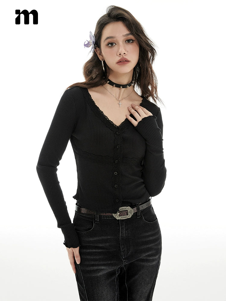 Imone Simple Pit Strip Splicing Lace V-neck Knitted Sweater