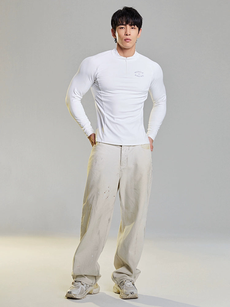 MuscleDog Half Zipper Slim Fit Small Stand-Up Collar Long Sleeve