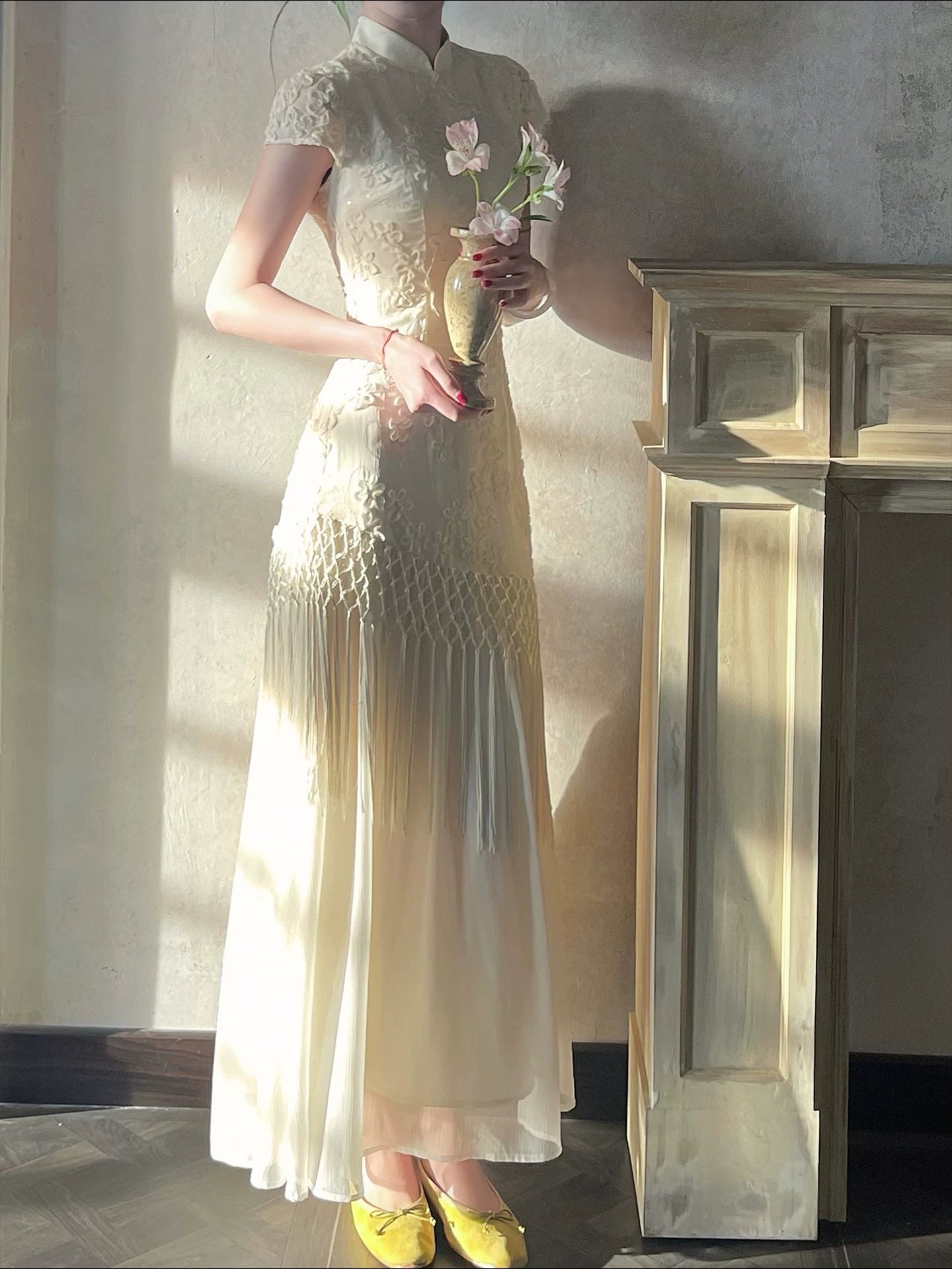 ZIHE Pinched Waist Fringed Splicing Dress