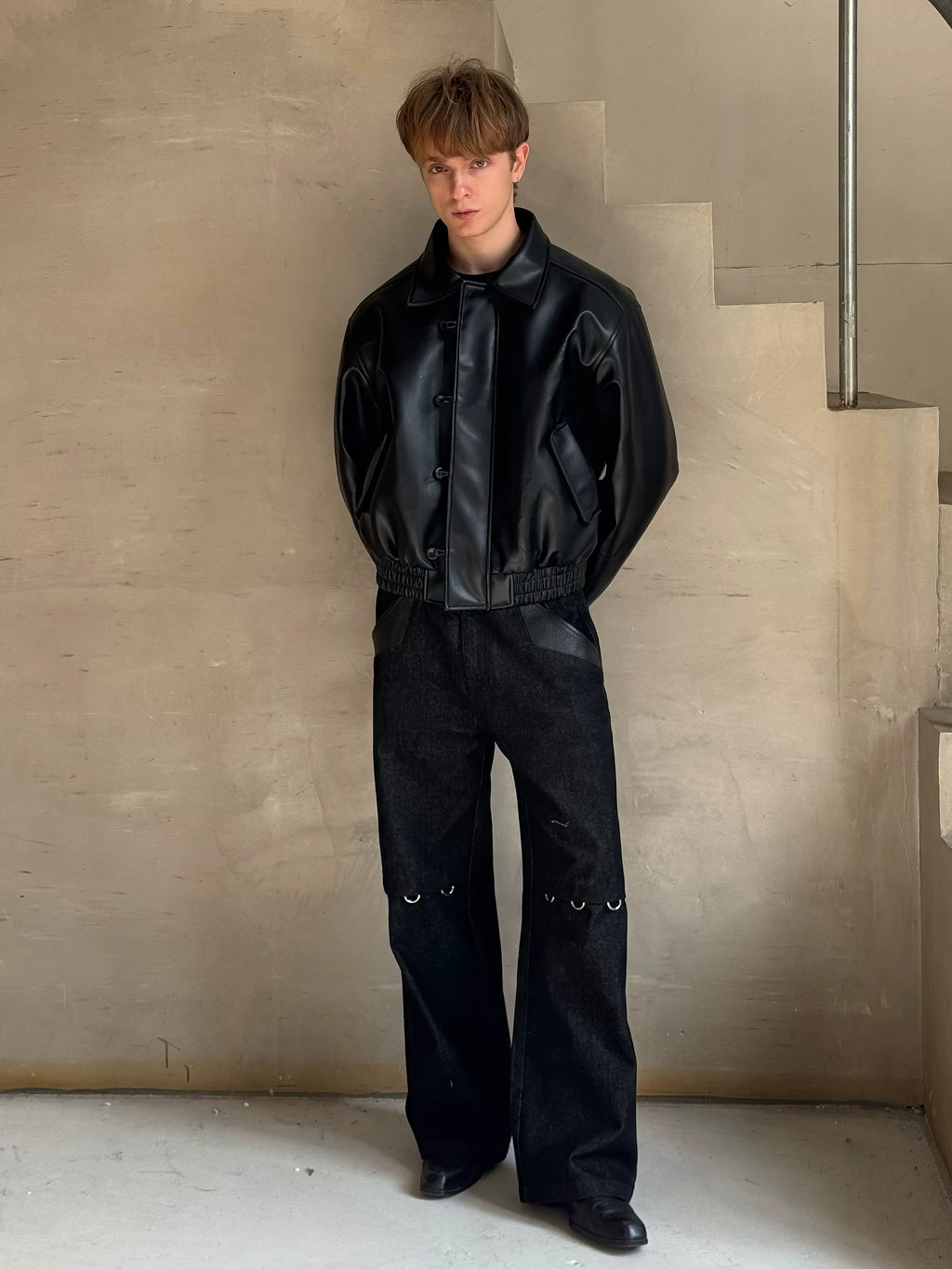 Esaias Vintage Leather Breasted Lapel Cropped Coat