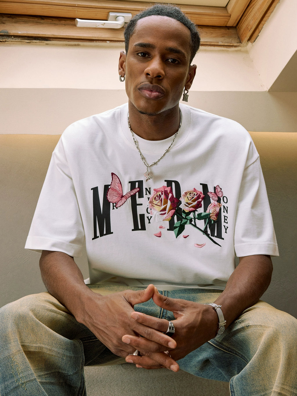 MEDM Origami Slice Rose Butterfly Embroidery Tee