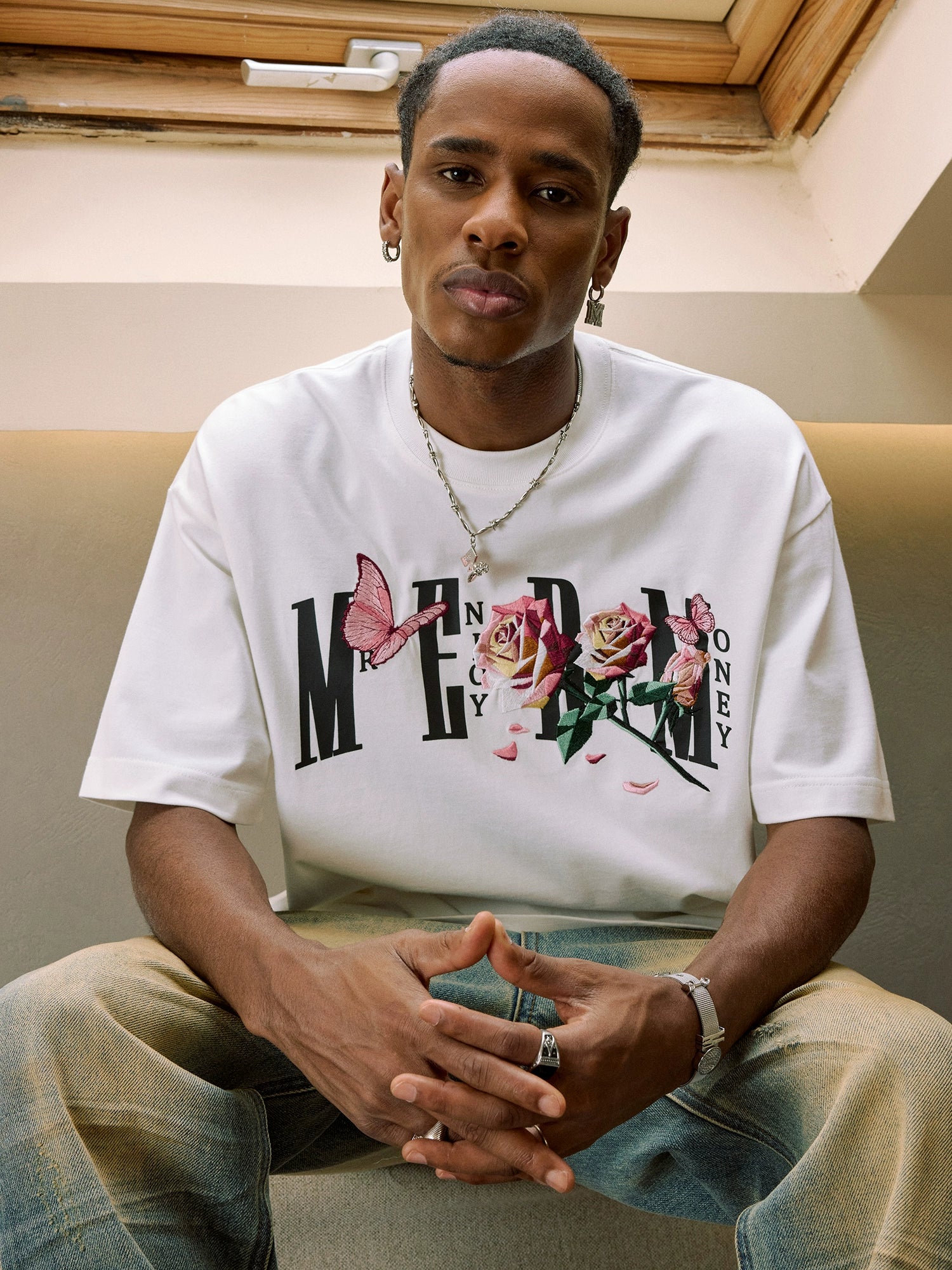 MEDM Origami Slice Rose Butterfly Embroidery Tee