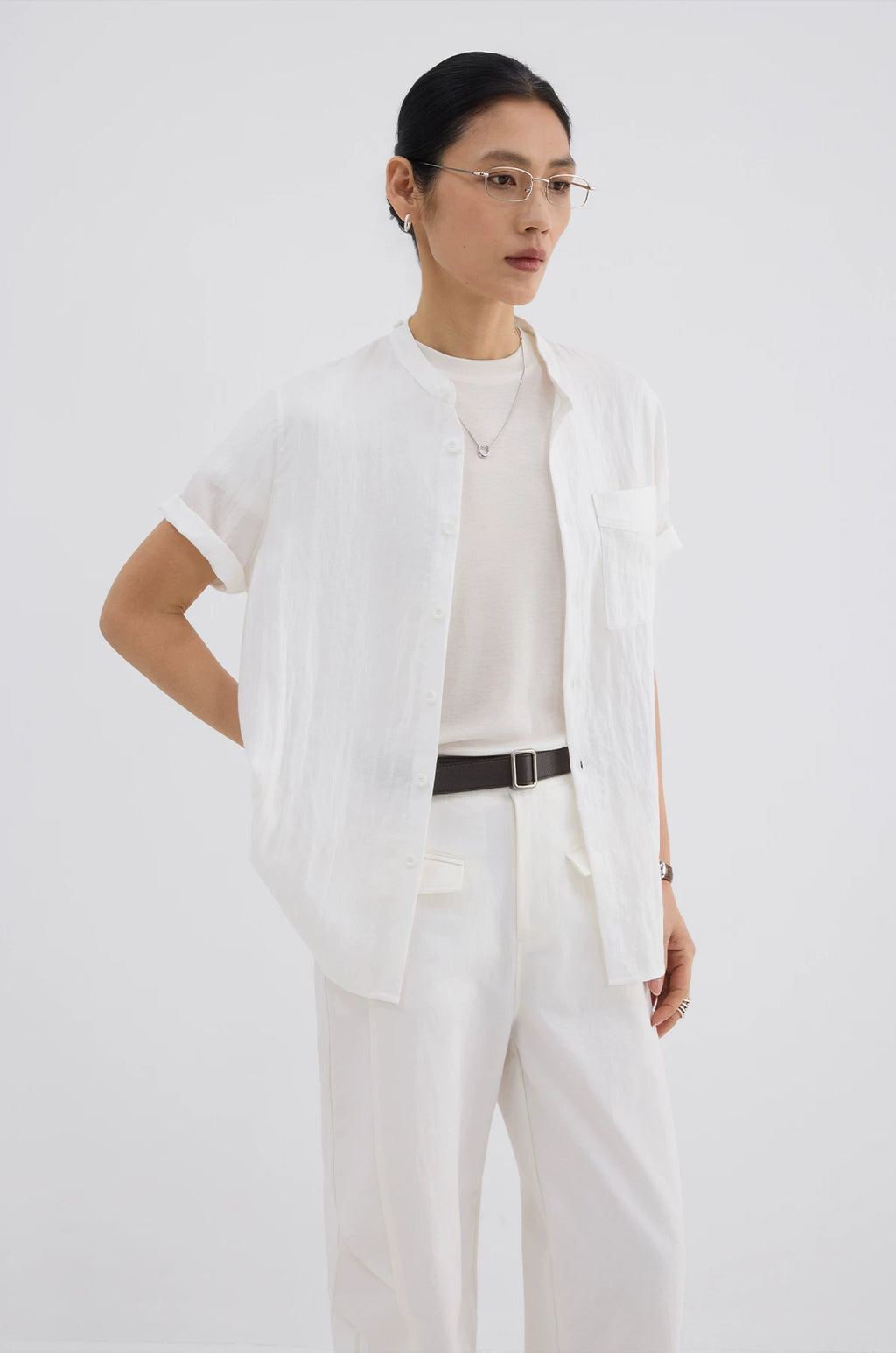 Sameuoo Detachable Collar Casual Short-sleeved Shirt