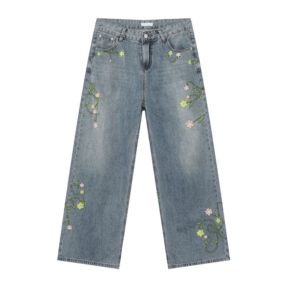 MTLCLOTHES Korean Version of Heavy Industry Flower-embroidered Casual Jeans