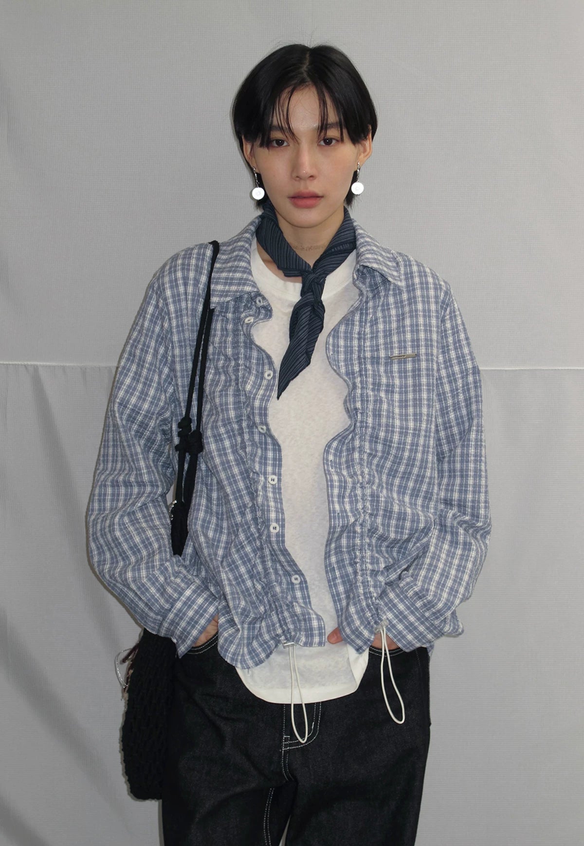 Sameuoo Drawstring Checked Long Sleeve Shirt