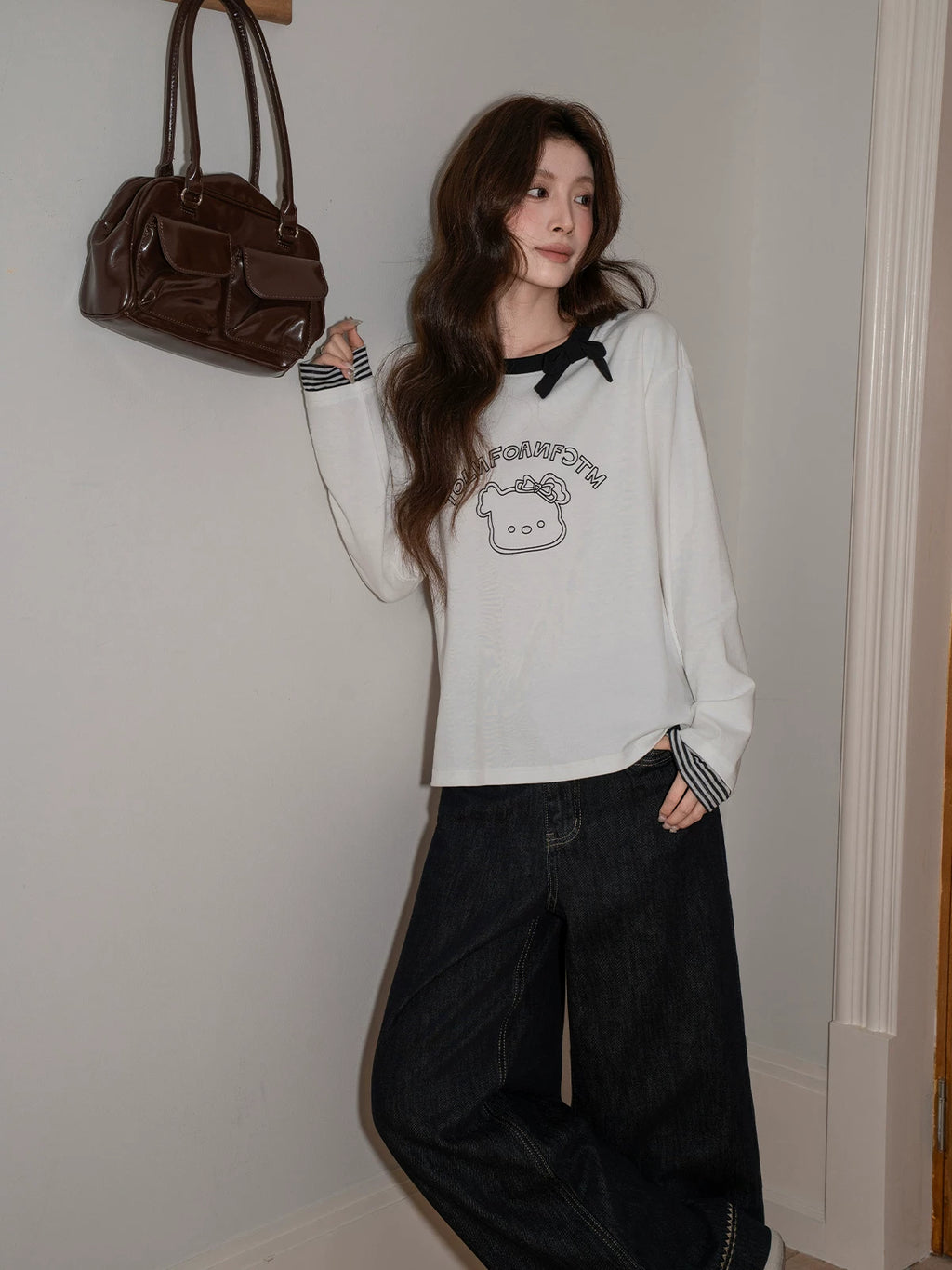 XUJING Bow Crew Neck Print Splicing Long Sleeve