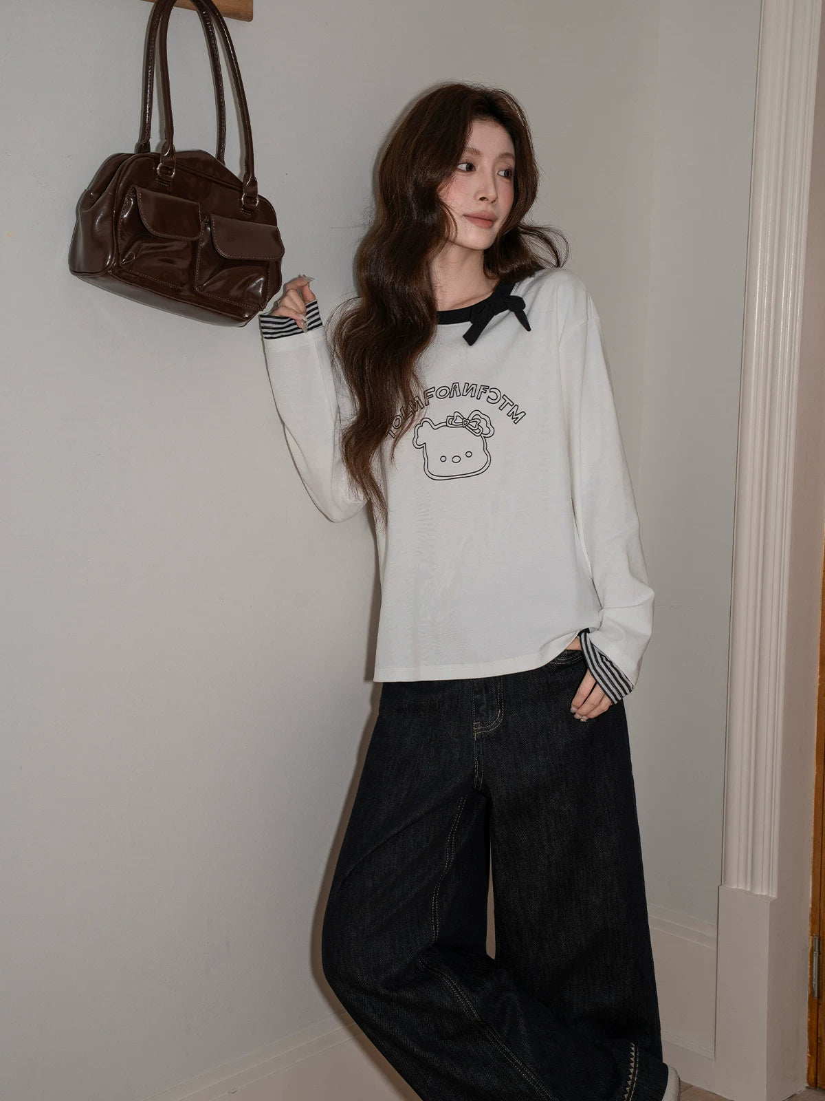 XUJING Bow Crew Neck Print Splicing Long Sleeve