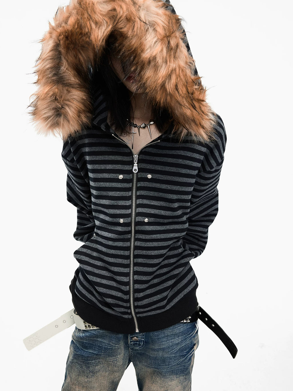 Lightinus Black and Grey Striped Fur Collar Hooded Zip Jacket