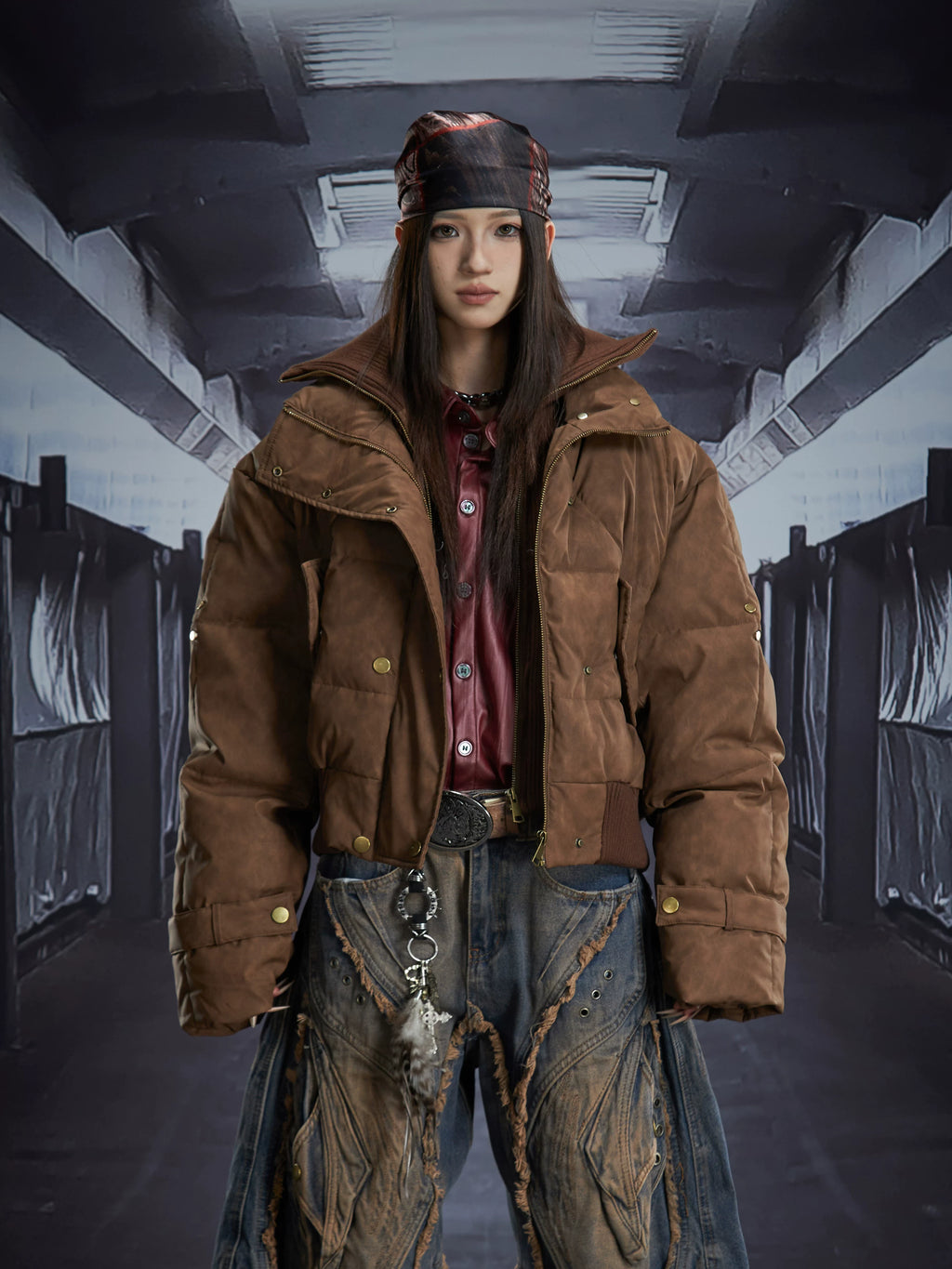 NOMANIAI Overweight Work Double Neck PU Leather Zipper Button Cotton Jacket