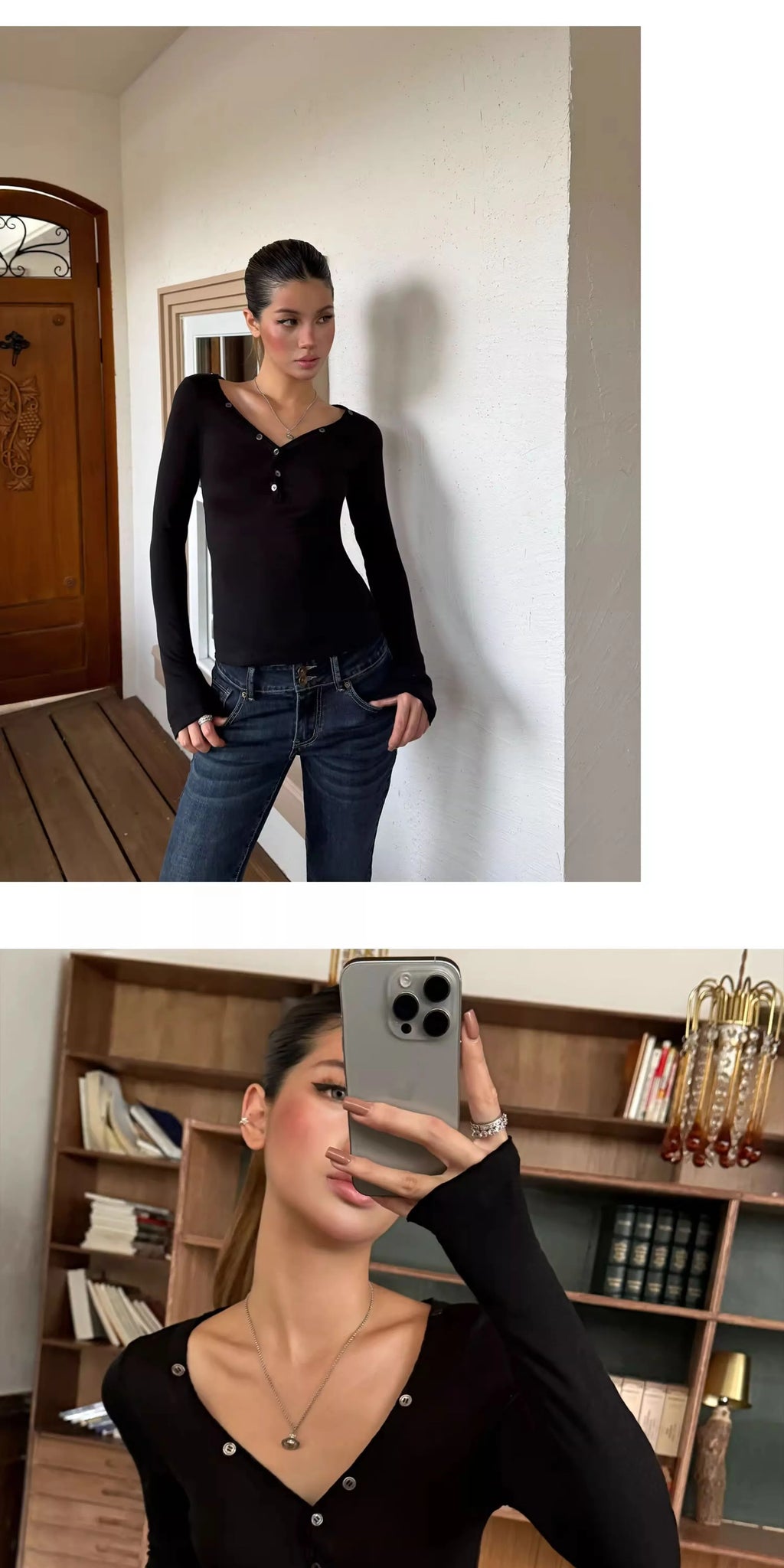 Audwyn V-neck Button Slim-fit Slim-looking Knitted Long Sleeves