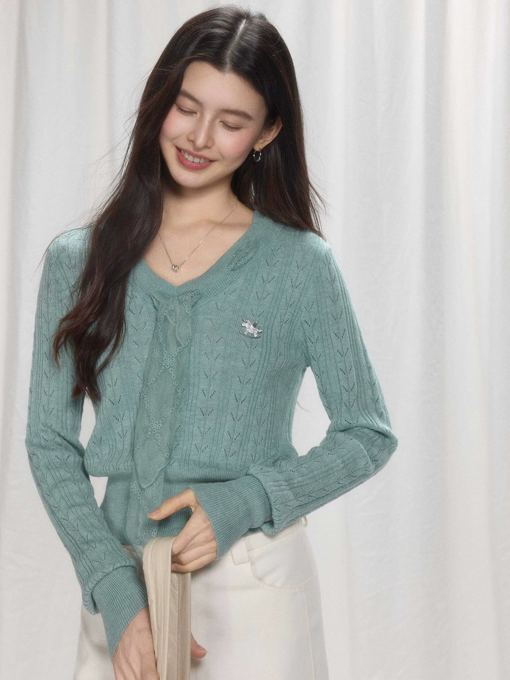 TYANG Hollow Twisted Waist Lace Streamer Knitted Sweater