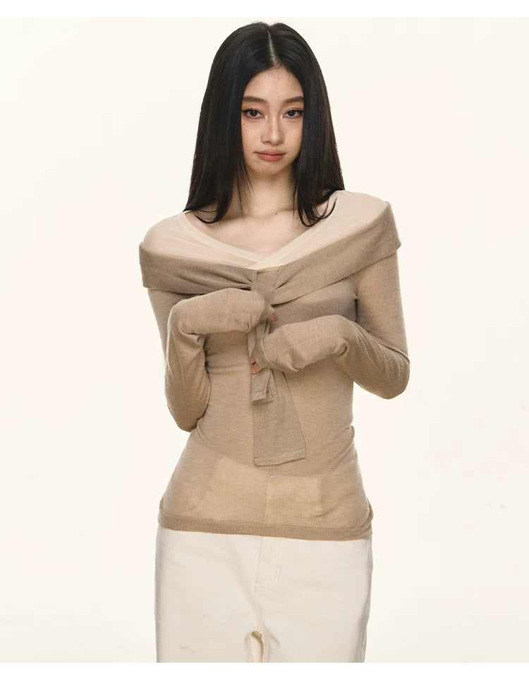 Anna Aneae Fake Two-piece Bow Strap Long Sleeve