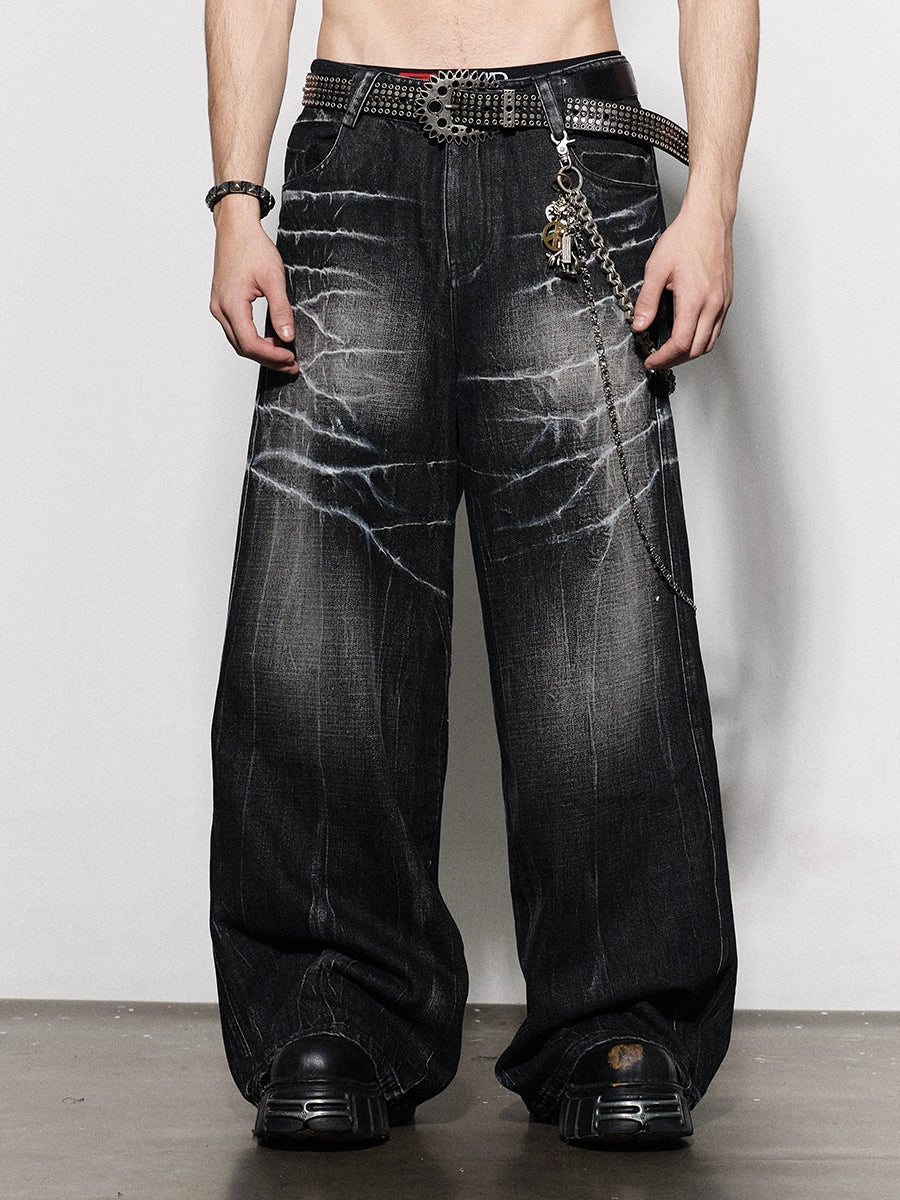 DND4DES Washed Old Lightning Pattern Loose Wide-leg Pants Jeans