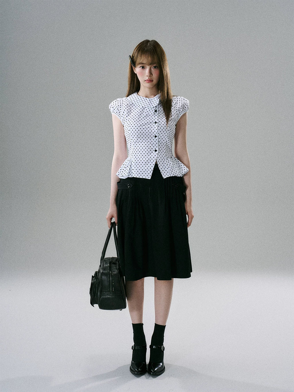 LOST FOREST Asymmetrical Lotus Leaf Polka Dot Shirt Tee