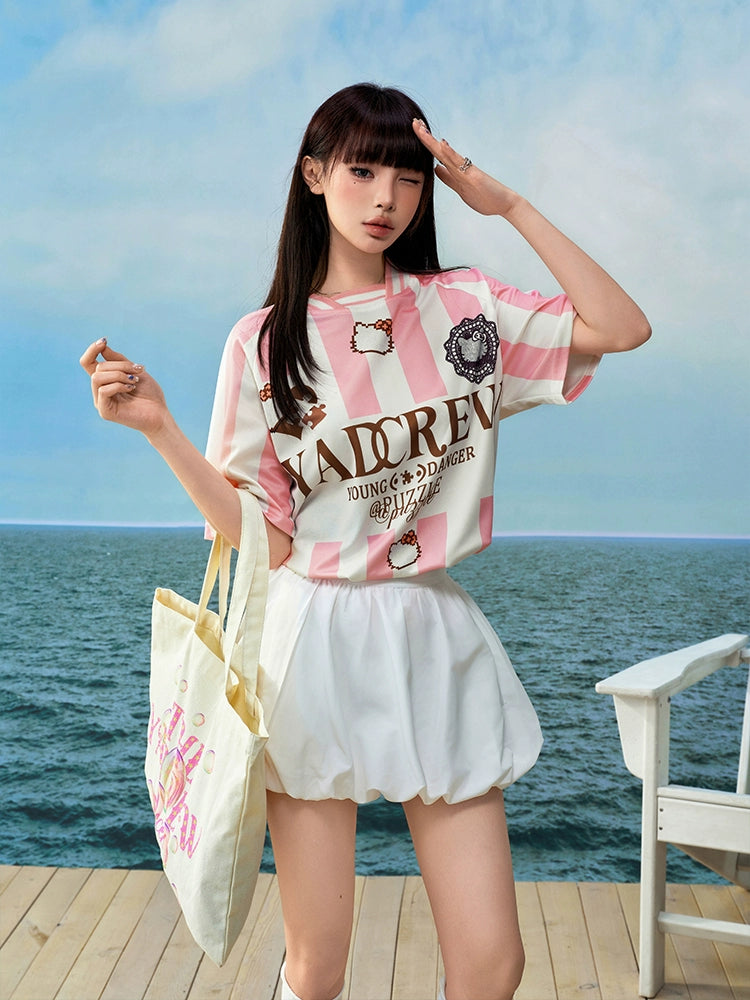 YADcrew Mosaic Print Cat Striped Tee