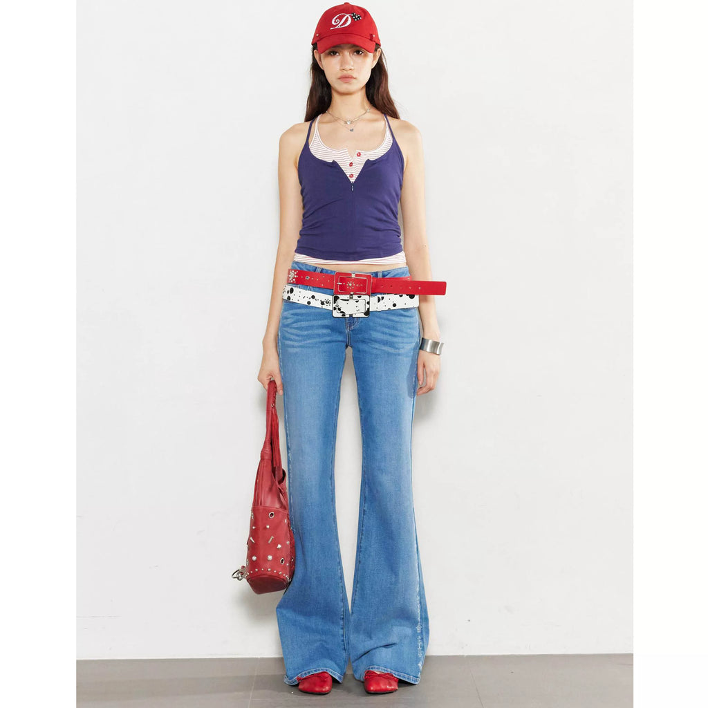 2Th Desire Vintage Contrast Red Stripe Hot Diamond Totem Print Jeans