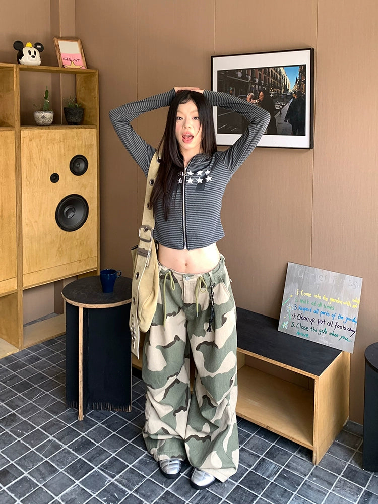 EAHO Vintage Striped Star Zip Hooded Cardigan