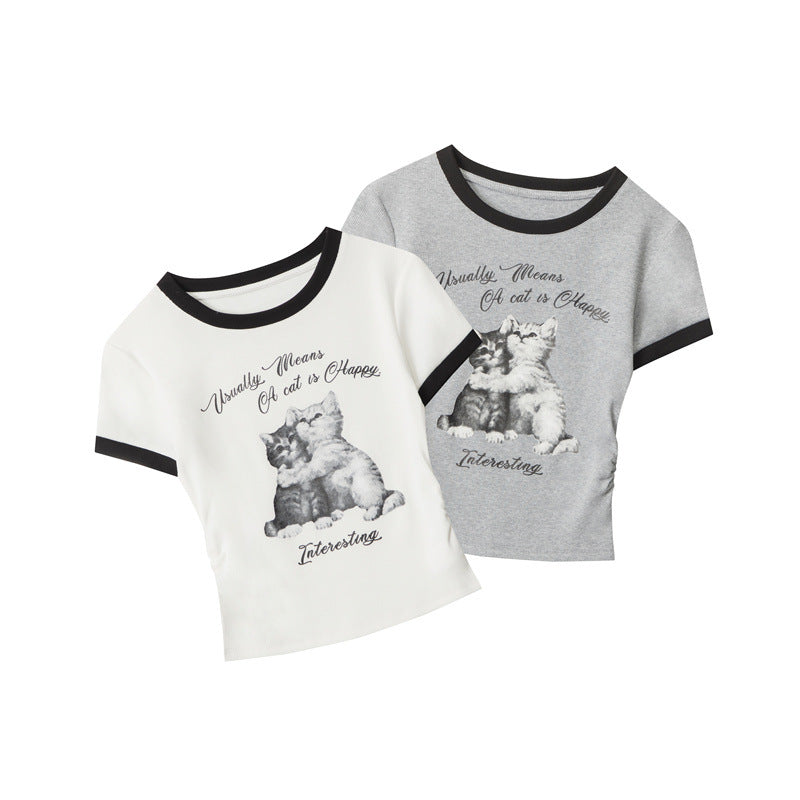 Nariele Kitty Print Pleated Slim Tee