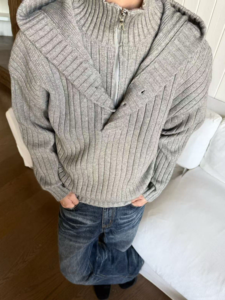 EME Fake Two-piece Stand-up Neck Hooded Thickened Knitted Sweater Jacket