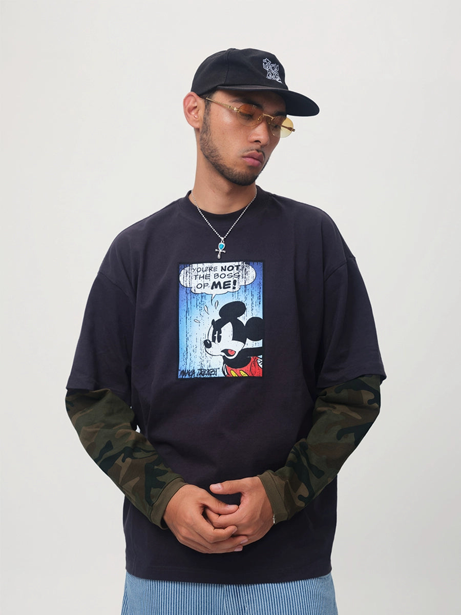 ComicTree Camouflage Fake Two Piece Cartoon Mickey Crew Neck Long Sleeve