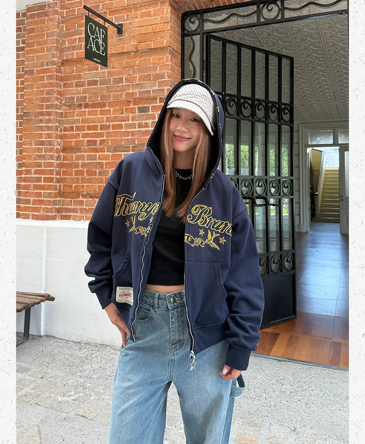 CCYE Vintage Star Embroidered Hooded Sweater Jacket