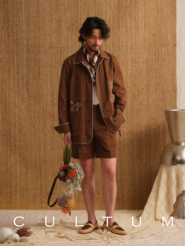 CULTUM Crisp Double-pleated Straight-leg Casual Loose Five-point Pants